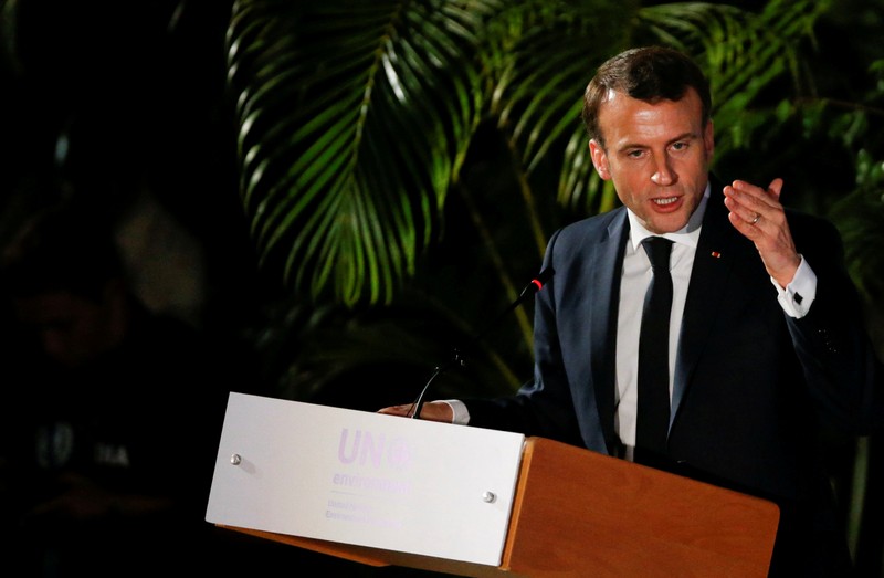 French President Emmanuel Macron addresses the United Nations Environmental Assembly in Gigiri, Nairobi