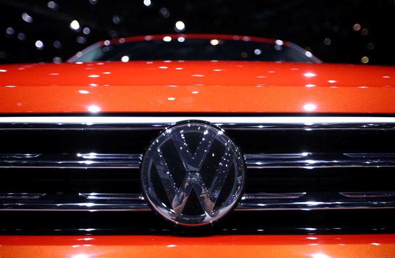 FILE PHOTO: A Volkswagen badge on a new model at the Geneva International Motor Show
