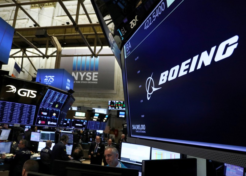 FILE PHOTO: The company logo for Boeing is displayed on a screen on the floor of the NYSE in New York