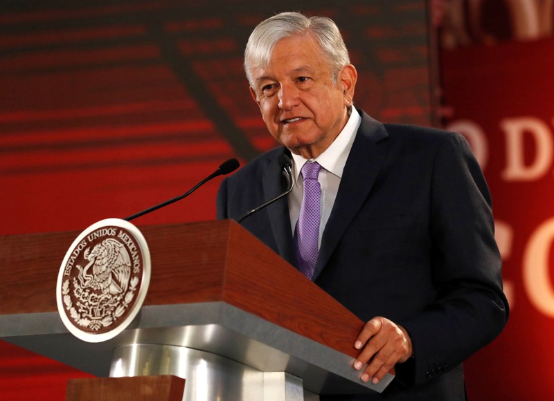 Mexico's President Andres Manuel Lopez Obrador speaks to the media during a news conference to announce a plan to strengthen finances of state oil firm Pemex, at the National Palace in Mexico City
