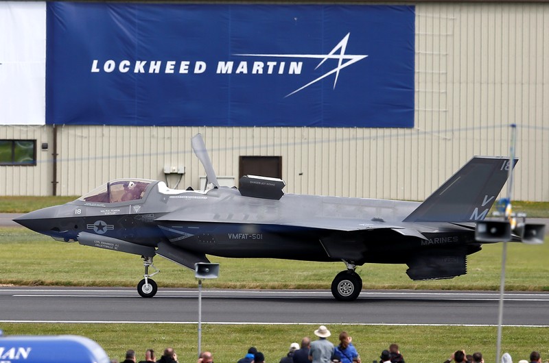 FILE PHOTO: A US Marine Corps Lockheed Martin F-35B fighter jet taxis after landing at the Royal International Air Tattoo at Fairford