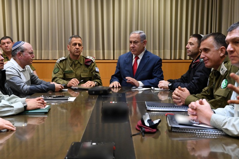 Israeli Prime minister Benjamin Netanyahu and Chief of staff Aviv Kohavi hold a security consulations at the Kirya Defense Ministry compound in Tel Aviv