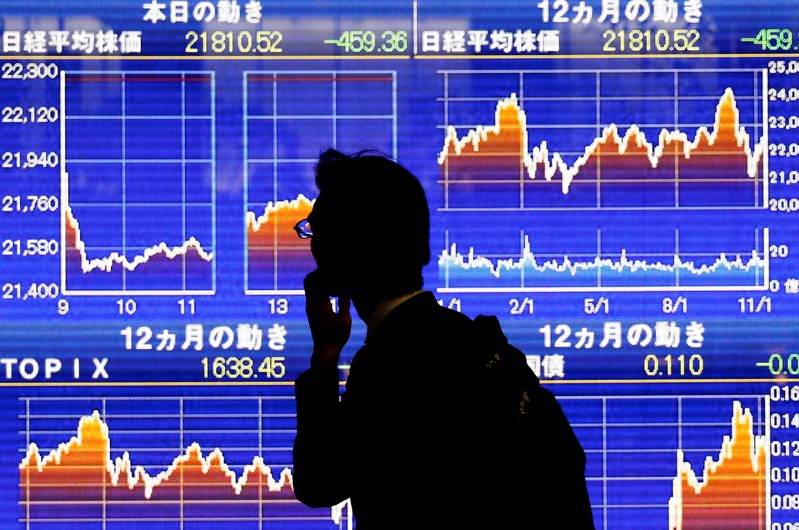 FILE PHOTO : A man looks at an electronic stock quotation board showing Japan's Nikkei average outside a brokerage in Tokyo