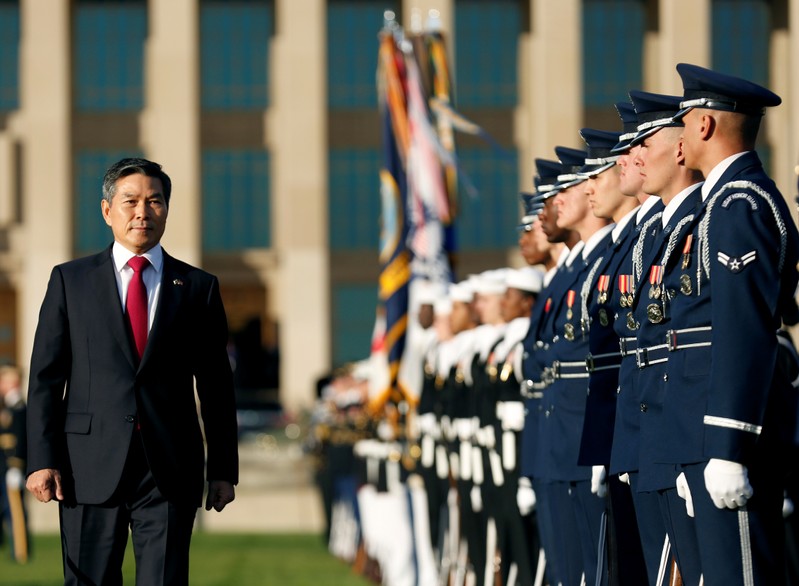 U.S. Defense Secretary Jim Mattis and South Korean National Defense Minister Jeong Kyeong-doo take part in an armed forces full honor arrival ceremony in Washington
