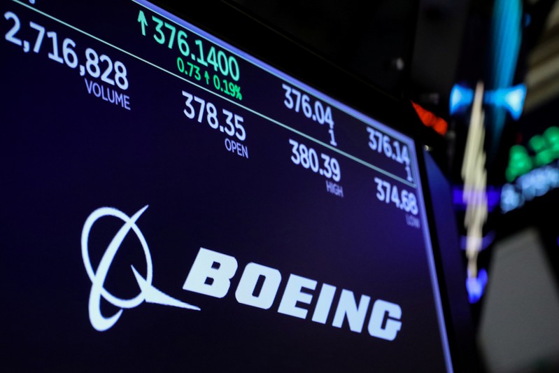 FILE PHOTO: The company logo and trading informations for Boeing is displayed on a screen on the floor of the NYSE in New York