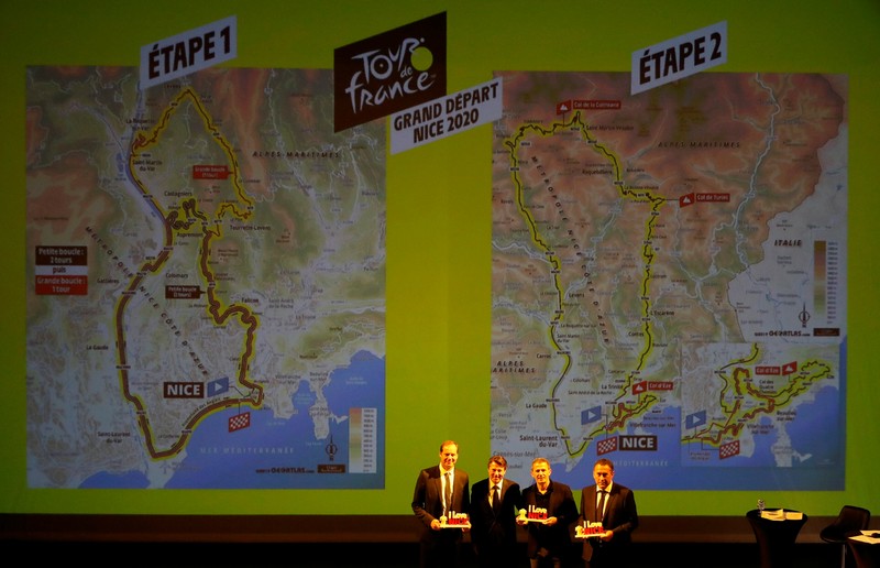 Nice mayor Estrosi, and Tour de France director Prudhomme attend a news conference for the official presentation of the 2020 Grand Depart of the Tour de France cycling race in Paris