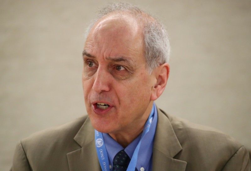 Lynk, Special Rapporteur on the situation of human rights in Palestinian territories attends a session of the Human Rights Council at the United Nations in Geneva