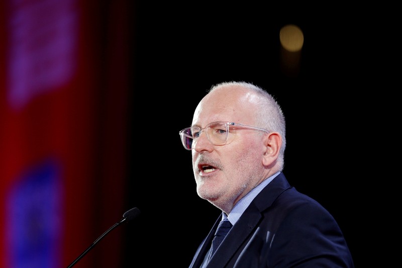 FILE PHOTO: Frans Timmermans, the newly elected Party of European Socialists President, speaks during the Party of European Socialists annual meeting in Lisbon