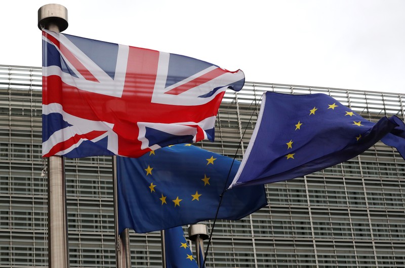 FILE PHOTO: The British flag flies next to European flags at the European Commission in Brussels