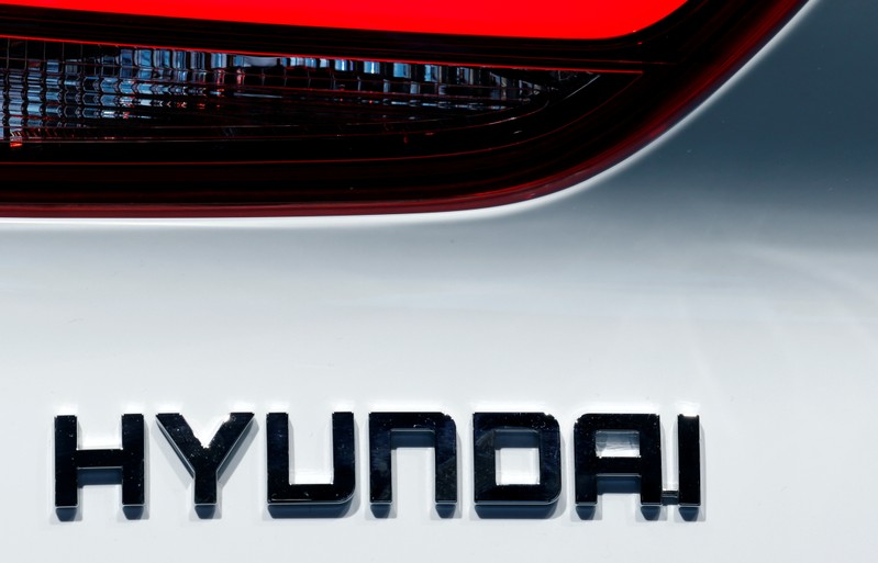 FILE PHOTO: The Hyundai logo is seen during the first press day of the Paris auto show