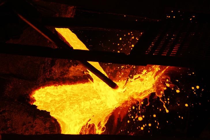Molten copper is poured at the KGHM copper and precious metals smelter processing plant in Glogow