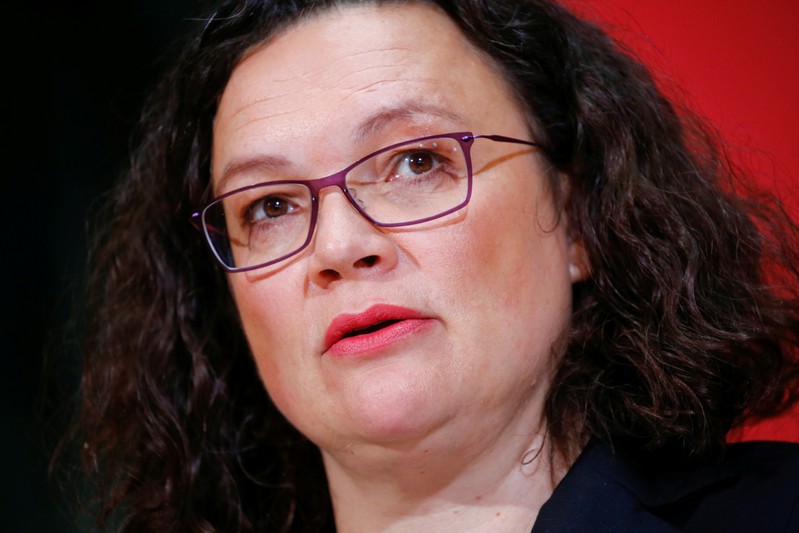 German Social Democratic Party (SPD) leader Nahles delivers a statement following the Hesse state election, in Berlin