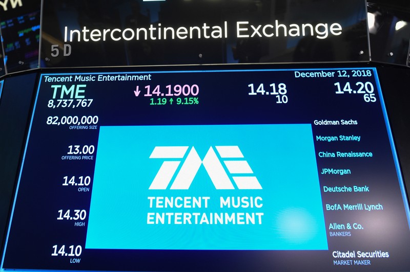 Tencent Music Entertainment company is seen officially listed on the floor of the New York Stock Exchange (NYSE) in New York