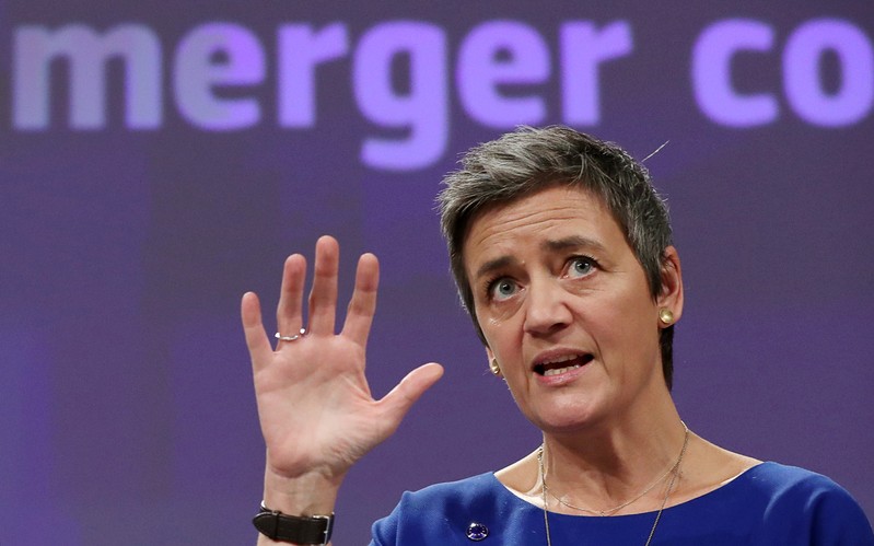 FILE PHOTO: EU Competition Commissioner Vestager talks to the media at the European Council headquarters in Brussels