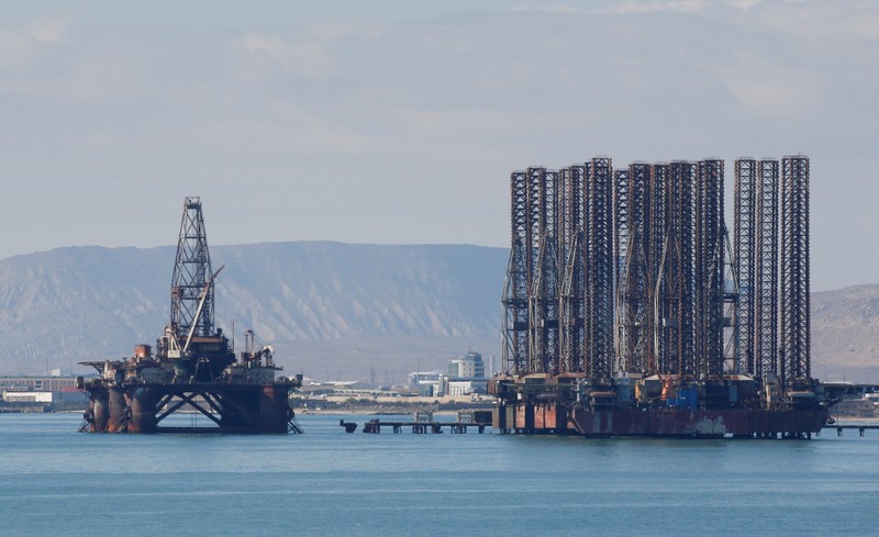 FILE PHOTO: An offshore oil rig is seen in the Caspian Sea near Baku