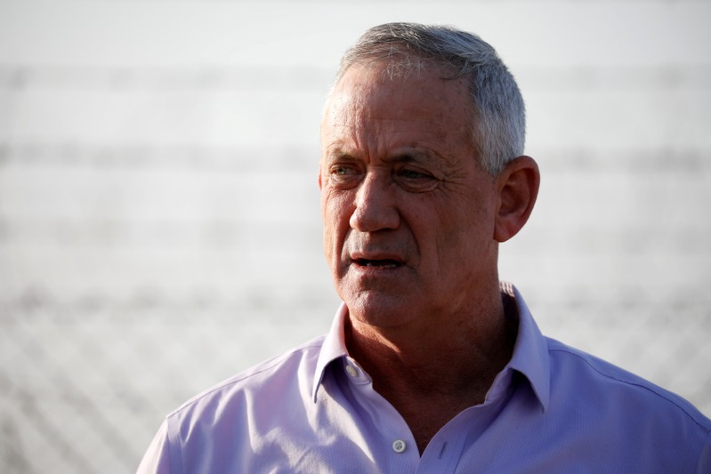 FILE PHOTO: Benny Gantz, head of Blue and White party speaks to the media in Kibbutz Nir-Am