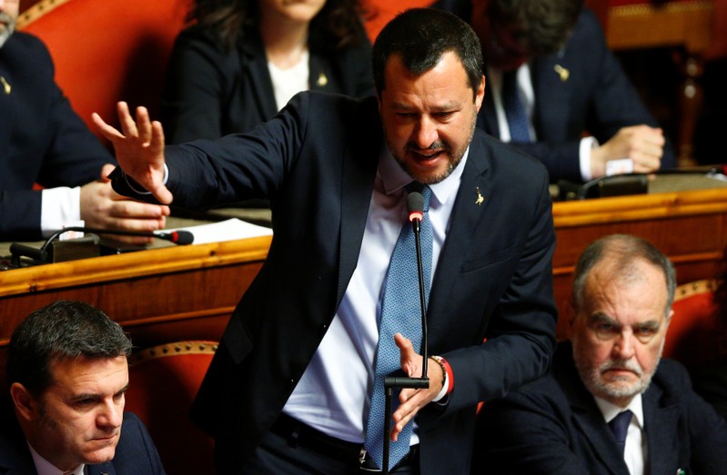 Deputy Prime Minister Matteo Salvini speaks in the upper house of the Italian parliament, in Rome