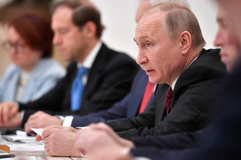Russian President Putin attends a meeting with businessmen in Moscow