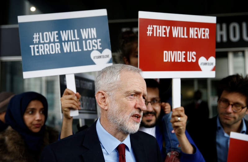 Britain's opposition Labour Party leader Jeremy Corbyn speaks to the media outside New Zealand House in London