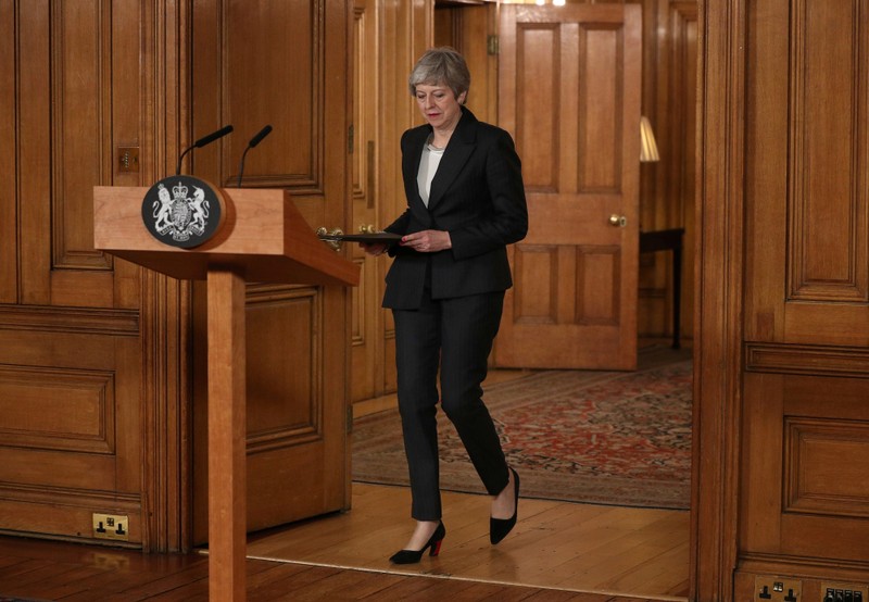 Britain's Prime Minister Theresa May prepares to make a statement about Brexit in Downing Street in London