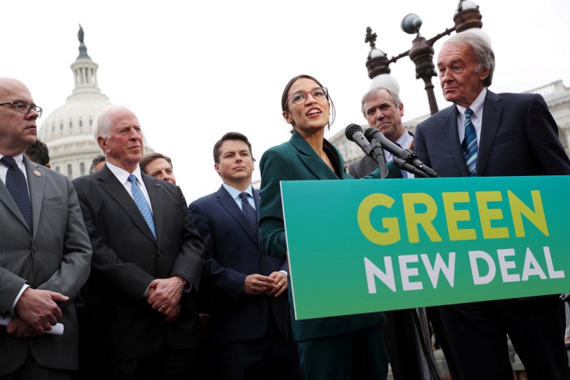 FILE PHOTO: U.S. Representative Ocasio-Cortez and Senator Markey hold a news conference for their proposed