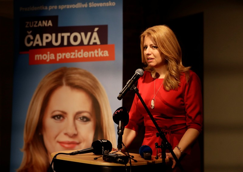 Slovakia's presidential candidate Caputova speaks after the first unofficial results at a party election headquarters in Bratislava