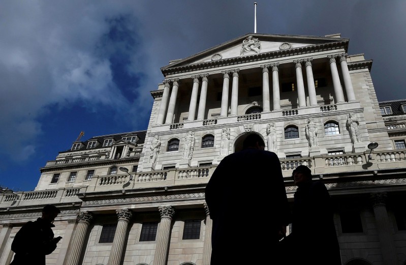 FILE PHOTO: File photo of city workers walking past the Bank of England in the City of London