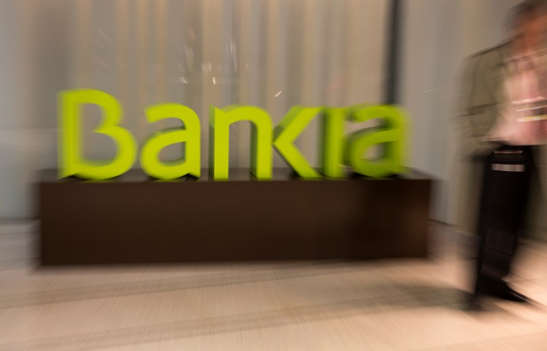Spain's Bankia logo is seen inside bank's headquarters before a news conference to present their annual results in Madrid
