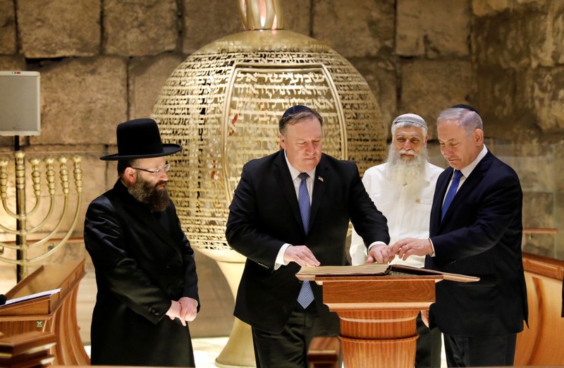 Israeli Prime Minister Benjamin Netanyahu, U.S. Secretary of State Mike Pompeo and U.S. Ambassador to Israel David Friedman visit the Western Wall Tunnels in Jerusalem's Old City