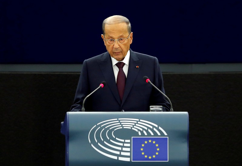 FILE PHOTO: Lebanon President Michel Aoun addresses the European Parliament in Strasbourg
