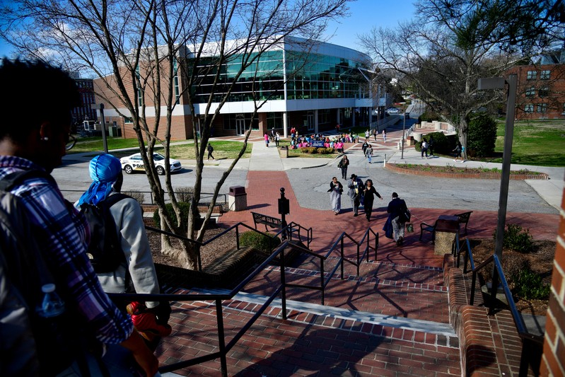 Students walk between classes at North Carolina A&T University just to the west of the line that divides Congressional Districts 13 and 6 on campus in Greensboro