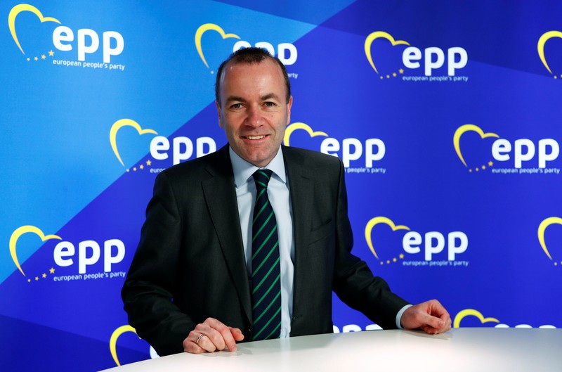 EU centre-right lead candidate Weber poses during an interview with Reuters in Brussels