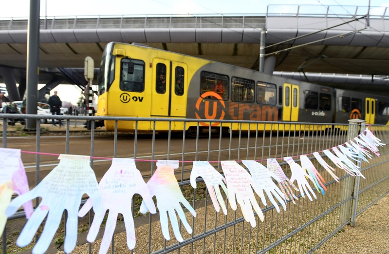 Makeshift memorial at tram shooting site in Utrecht