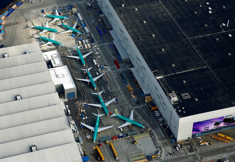 FILE PHOTO: An aerial photo shows Boeing 737 MAX airplanes parked on the tarmac at the Boeing Factory in Renton
