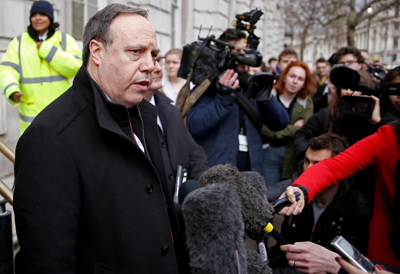 FILE PHOTO: Democratic Unionist Party (DUP) deputy leader Nigel Dodds, speaks to the media outside the Cabinet Office, in London