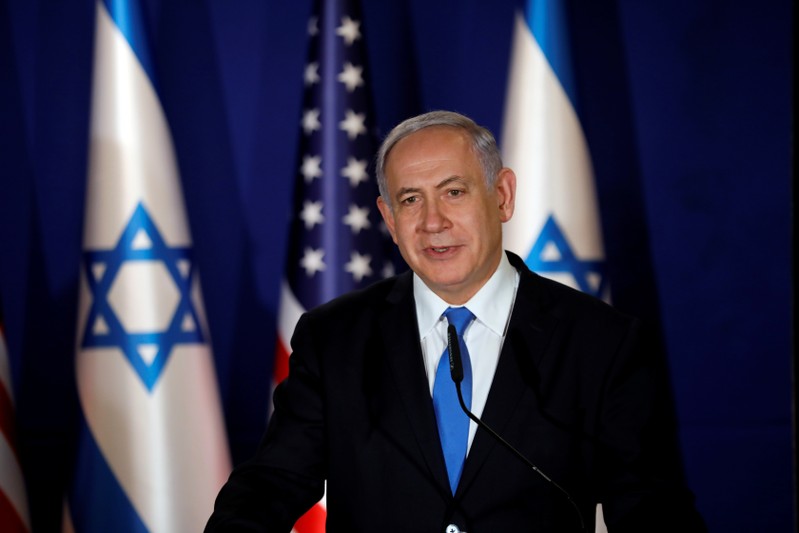 Israeli Prime Minister Benjamin Netanyahu speaks as U.S. Secretary of State Mike Pompeo visits Netanyahu's official residence in Jerusalem