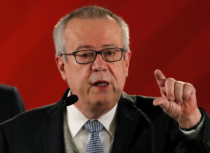 FILE PHOTO: Mexico's Finance Minister Carlos Urzua speaks during a news conference to announce a plan to strengthen finances of state oil firm Pemex, at the National Palace in Mexico City