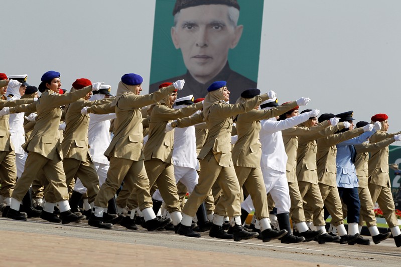 Women from armed forces march in the Pakistan Day military parade in Islamabad