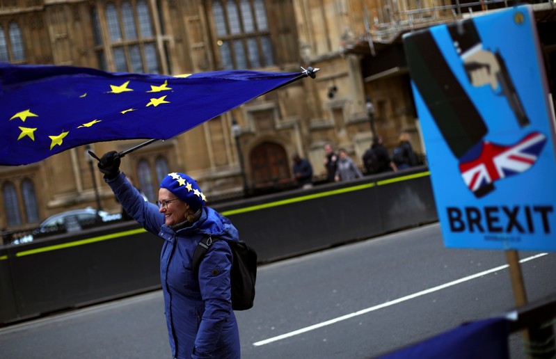 An anti-Brexit protester waves an EU flag outside the Houses of Parliament in London
