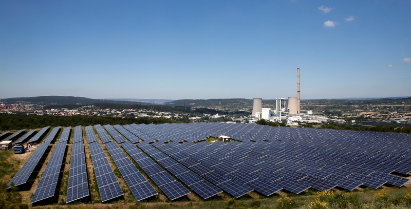A general view shows solar panels to produce renewable energy at the Urbasolar photovoltaic park in Gardanne
