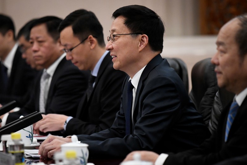 FILE PHOTO: Chinese Vice Premier Han Zheng speaks during the meeting with Kuwaiti first Deputy Prime Minister and Minister of Defence Sheikh Nasser Sabah al-Ahmad al-Sabah at the Great Hall of the People in Beijing