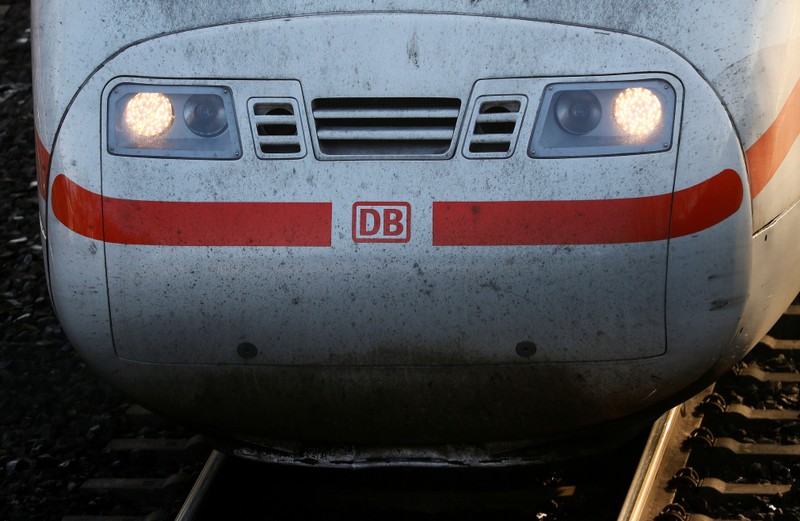 FILE PHOTO: The front of a German railway Deutsche Bahn AG ICE high speed train is seen at the train station in Hanau