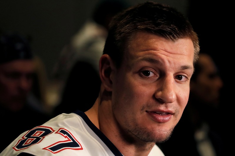 FILE PHOTO: New England Patriots tight end Rob Gronkowski speaks to reporters ahead of Super Bowl LIII in Atlanta