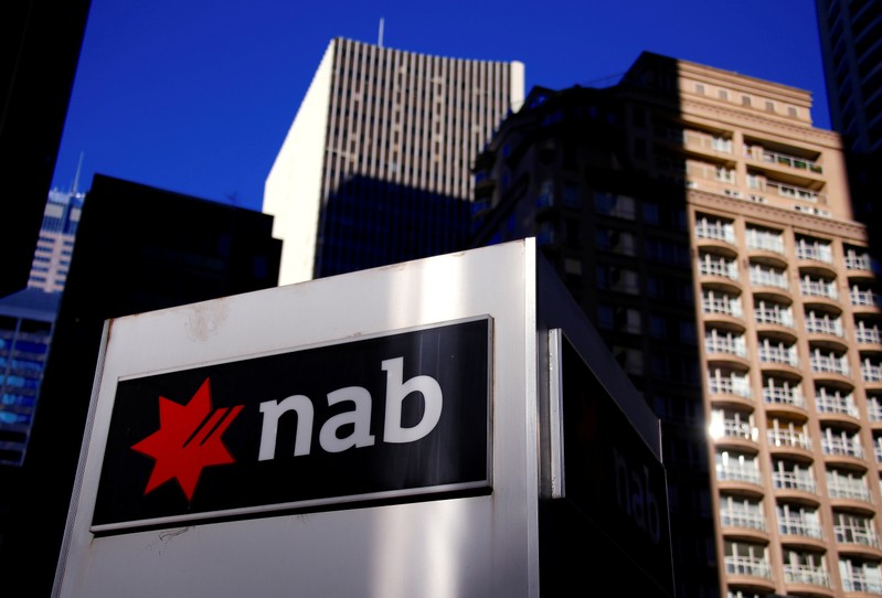 FILE PHOTO: The logo of the National Australia Bank is displayed outside its headquarters building in central Sydney