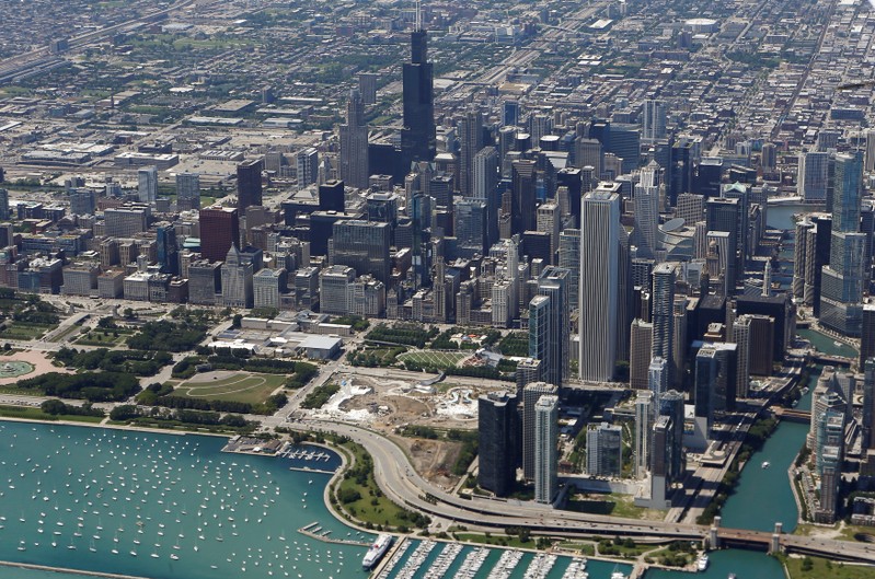 FILE PHOTO: An aerial view shows the skyline and lakefront of Chicago