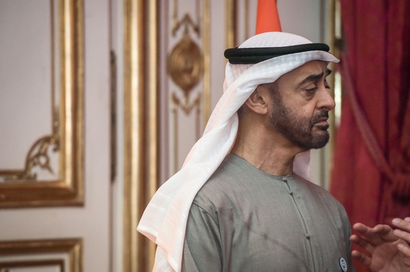 FILE PHOTO - Abu Dhabi Crown Prince Sheikh Mohammed bin Zayed Al Nahyan is pictured as he speaks with French Prime Minister Edouard Philippe during a dinner at the Hotel de Matignon in Paris
