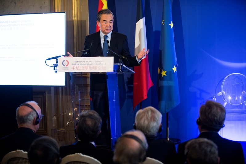 Chinese Foreign Minister Wang Yi speaks during a Franco Chinese seminar of global governance in Quai d'Orsay in Paris
