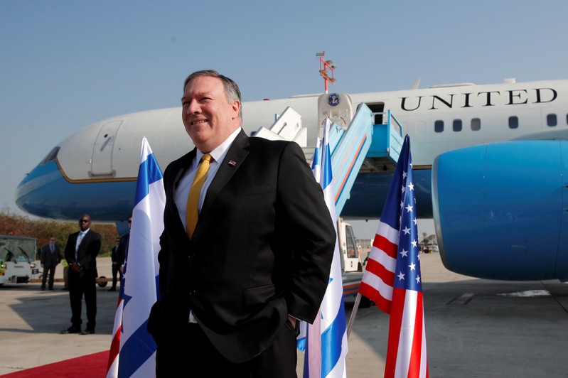 FILE PHOTO: U.S. Secretary of State Mike Pompeo stands next to his airplane before boarding it to Beirut at Ben Gurion airport near Lod, Israel
