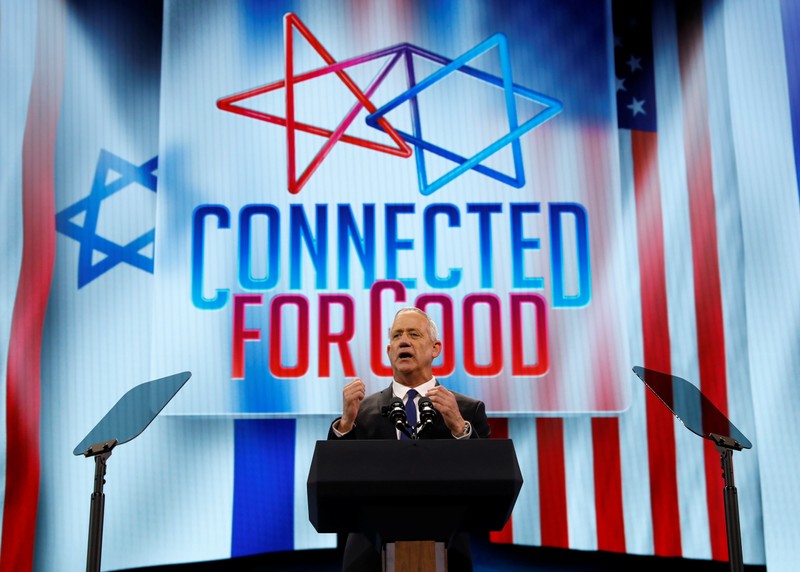 Blue and White party leader Benny Gantz speaks at AIPAC in Washington