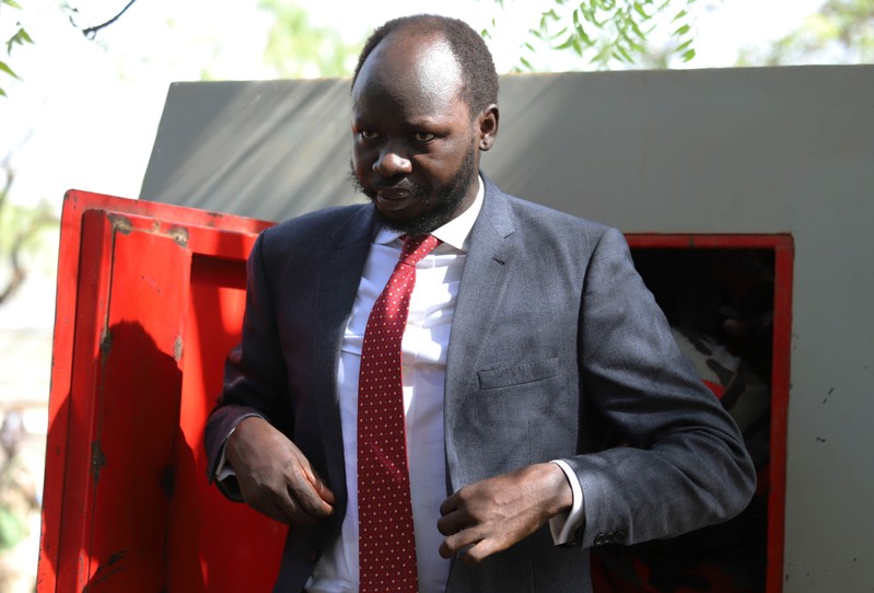 Peter Biar Ajak, the South Sudan country director for the London School of Economics' International Growth Centre based in Britain, arrives at the courtroom in Juba
